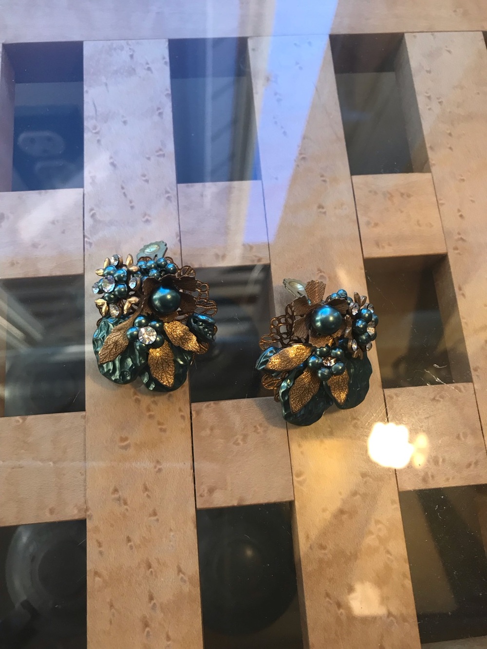 Vintage-Inspired Teal & Gold Floral Clip-On Earrings